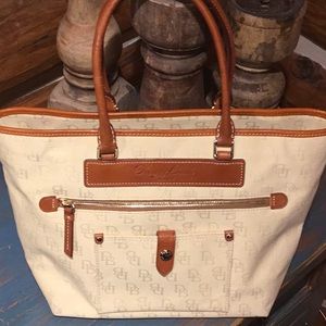 Dooney & Bourke Cream Fabric Tan Leather Handbag